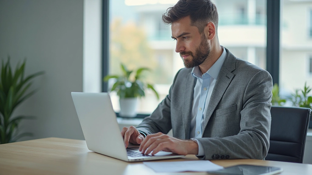 Успешный профессионал работает с ноутбуком, используя продвинутые инструменты управления проектами