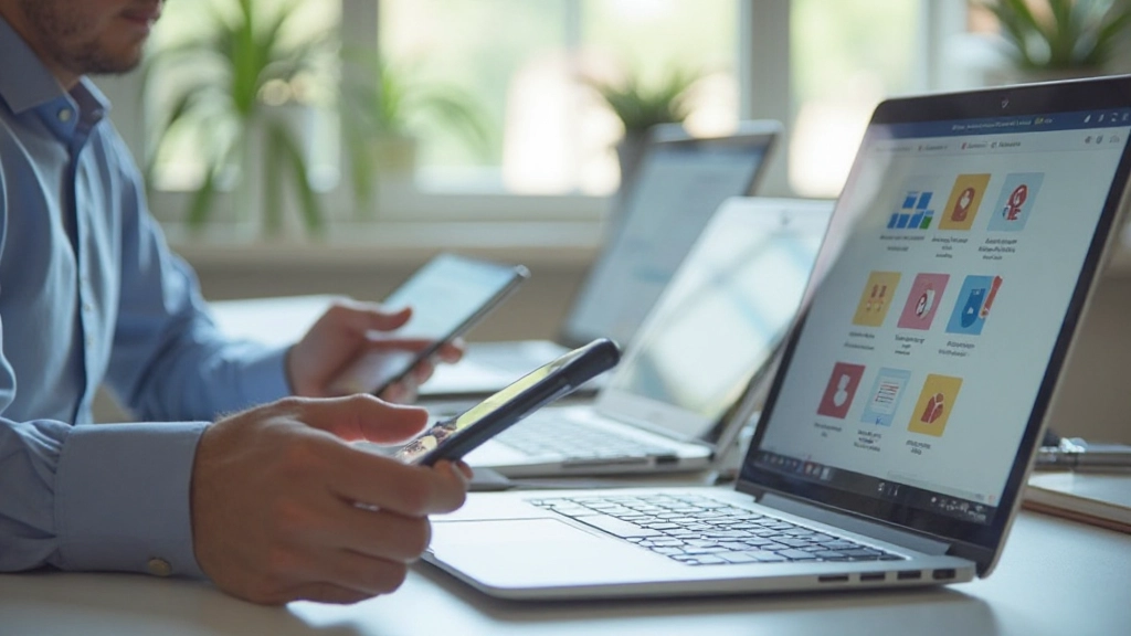 Ноутбук и мобильный телефон с различными приложениями для управления задачами, организованные интерфейсы, рабочий стол