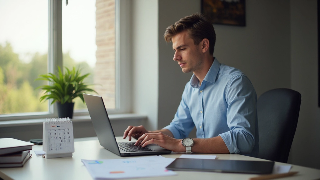 Человек работает за ноутбуком с таймером, практикуя метод тайм-блокирования